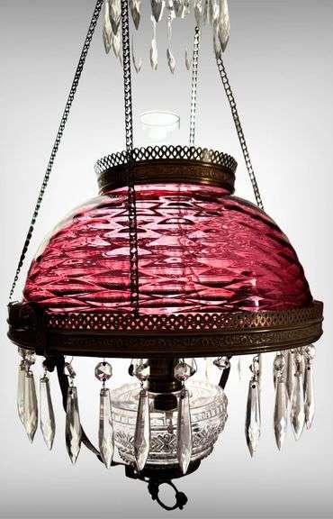 Beautiful Hanging Victorian-Style Cranberry Optic Glass Oil Lamp with Crystal Prisms and Pull Down W
