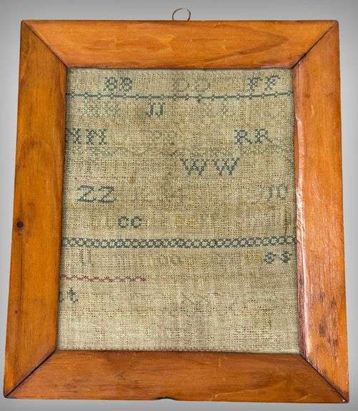 “1866” Framed Needlework Sampler on Burlap with  Antique Wooden Frame