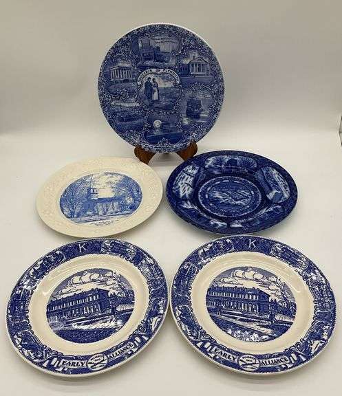 Five Blue and White Assorted Souvenir Plates