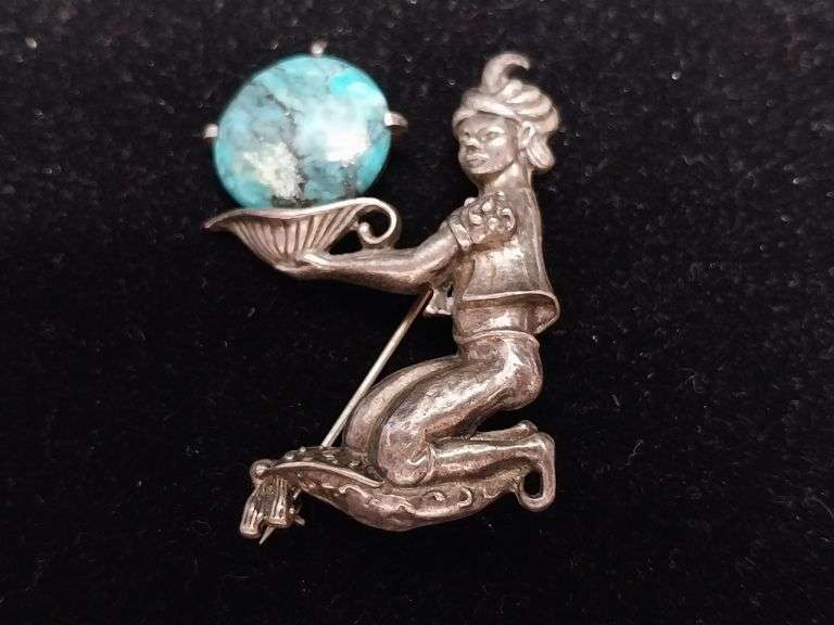 Vintage Sterling Silver Genie Pin with Turquoise Cabochon – 0.707 oz