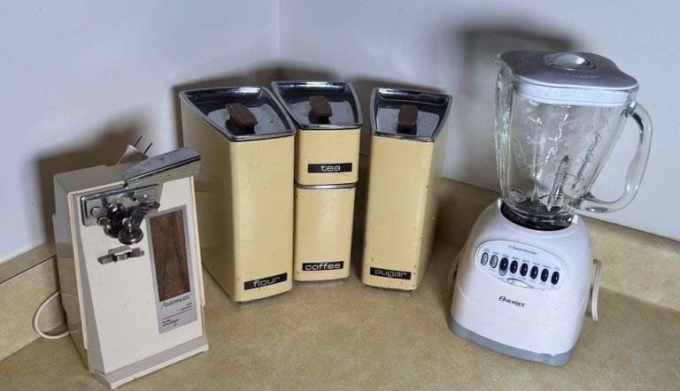 Vintage Canisters, Can Opener and Osterizer Blender