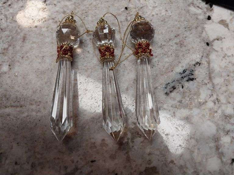 Set of 3 Faceted Glass Icicle Ornaments with Red & Gold Accents