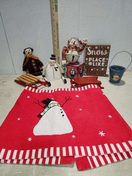 Assorted Christmas Snowman Bell, Pottery Bucket, Etc.