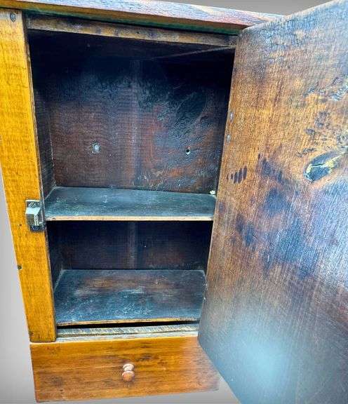 1850’s Antique Wooden Wall Cabinet with Locking Mechanism and Single Drawer