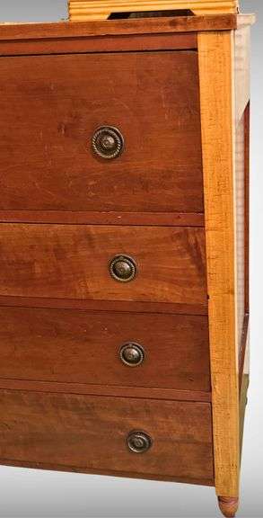 Beautiful 1850’s Four-Drawer Curly Maple Chest with Brass Pulls