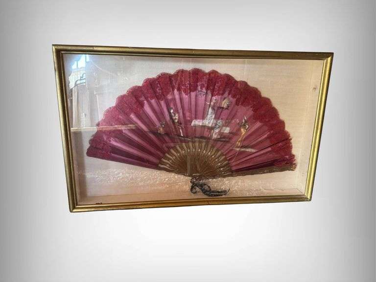 Beautiful Antique Circa 1895 Framed Decorative Hand Fan in Glass Display Case