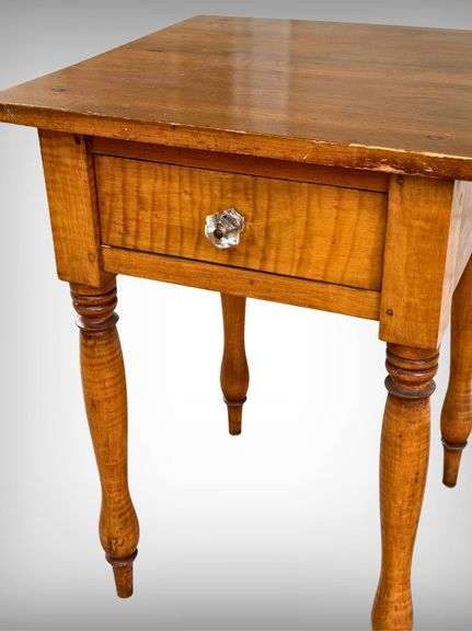 Antique 19th Century Turned Legged Tiger Maple Side Table