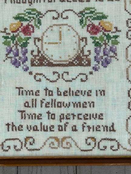 Vintage Framed Cross-Stitch Artwork with Floral Design