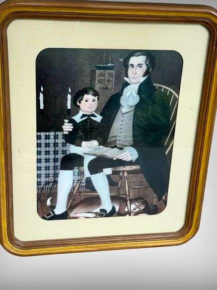 Vintage LARGE Framed Portrait of Gentleman and Child with Wooden Frame