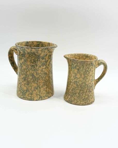 Antique Yellowware Pitchers with Blue Spongeware