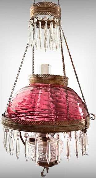 Beautiful Hanging Victorian-Style Cranberry Optic Glass Oil Lamp with Crystal Prisms and Pull Down W