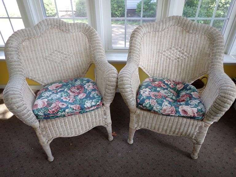 TWO Matching Real Wicker Armchairs w/cushion.  Stored inside sunroom.  Looks complete and solid.