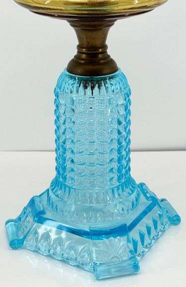Beautiful Antique “1000 Eye” Blue and Amber Glass Oil Lamp with Brass Accents
