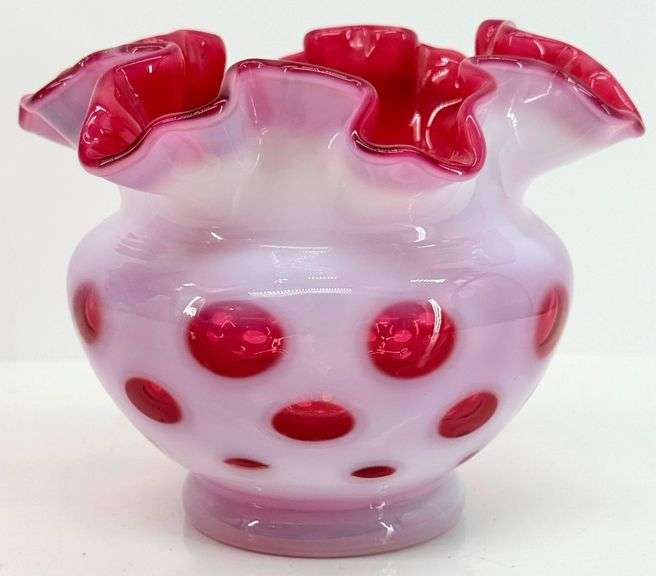 Vintage Fenton Cranberry Opalescent Coin Dot Glass Vases