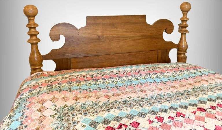 BEAUTIFUL 1850’s Antique Curly Maple Spindle  “ROPE” Bed  With Turned Posts and Decorative Headboard