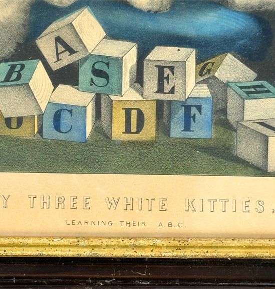 Adorable 19th Century Framed Lithograph ‘Three White Kitties Learning Their ABC’ by Currier & Ives