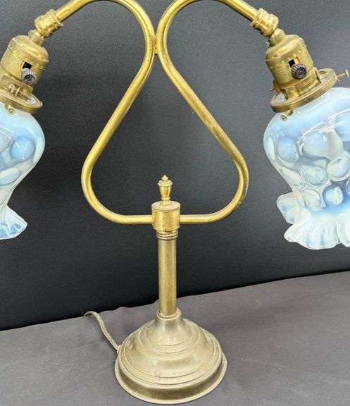 Early FENTON Coin Dot Double Goose Neck Brass Table Lamp