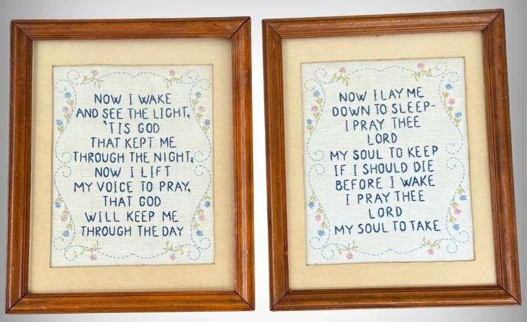 Vintage Framed Embroidered Prayer Samplers in Wooden Frames
