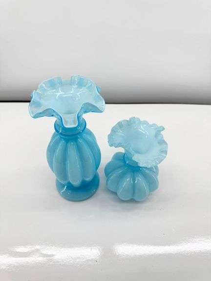 Fenton Blue Mellon Glass Vases with Ruffled Rims