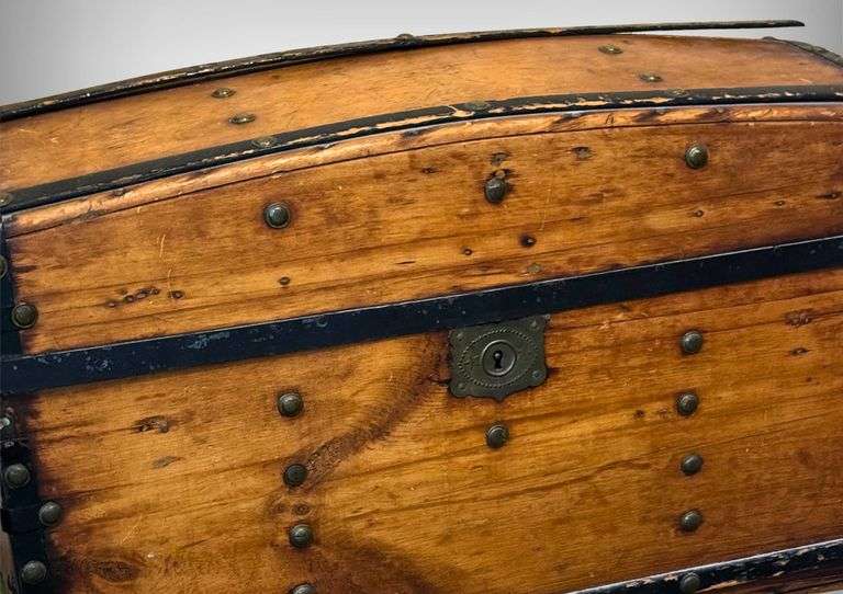 Wooden Steamer Trunk With Domed Lid and Iron Hardware
