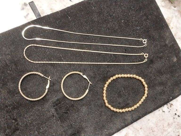 Lot of 5 Jewelry Pieces – 2 Necklaces, Hoop Earrings & Stretch Bracelet