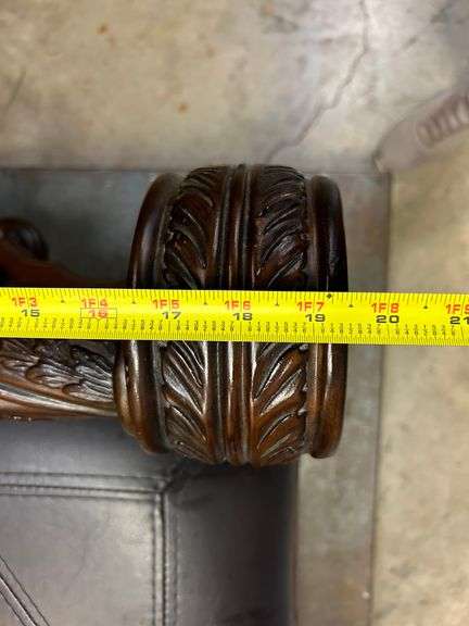 Ornate Carved Wood Bench with Rolled Arms and Faux Leather Seat