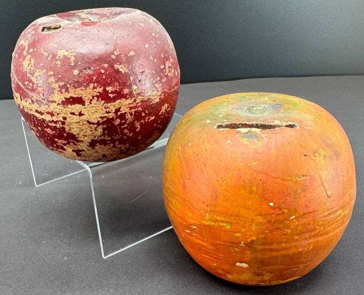 Antique Chalkware Primitive Apple, Orange and Pear-Shaped Coin Banks