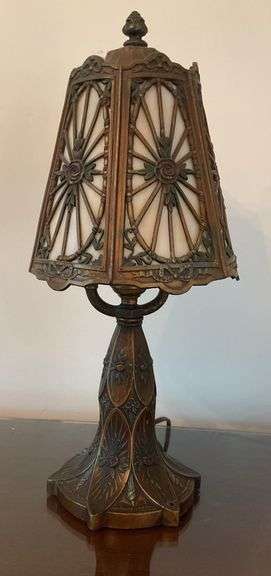 Antique Slag Glass 1920s Brass Deco Art Lamp
