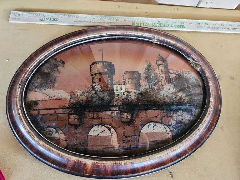 Reverse Painting On Bubble Glass Frame Has Damage 22.5" X 16.5"