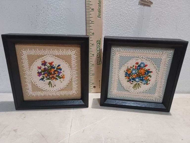 2 Framed 5236 Nosegay Sunset Designs 1979 Framed Embroidery 6X6"
