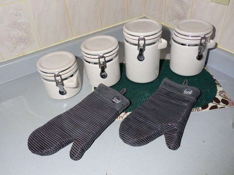 White Ceramic Kitchen storage Compression Jars & 2 Food Network Oven Mitts