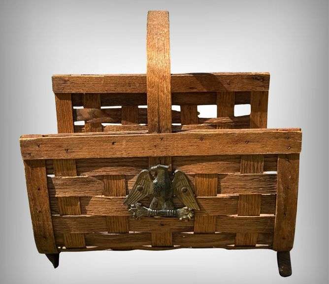 Vintage Wooden Woven Magazine Rack with Brass Eagle Embellishment