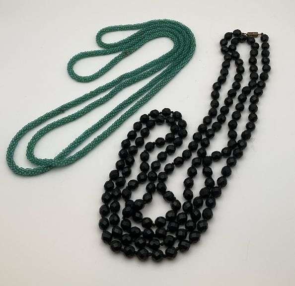 Antique Art Deco Faceted Black Beaded Necklace and Antique 1920s Flapper Necklace