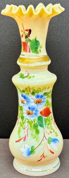 Antique Bristol Hand-Painted Ruffled Edge Glass Vase with Floral Design