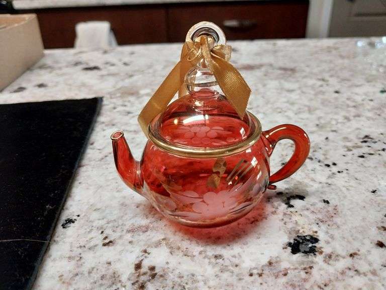 Hand-Blown Red Glass Teapot Ornament with Gold Trim