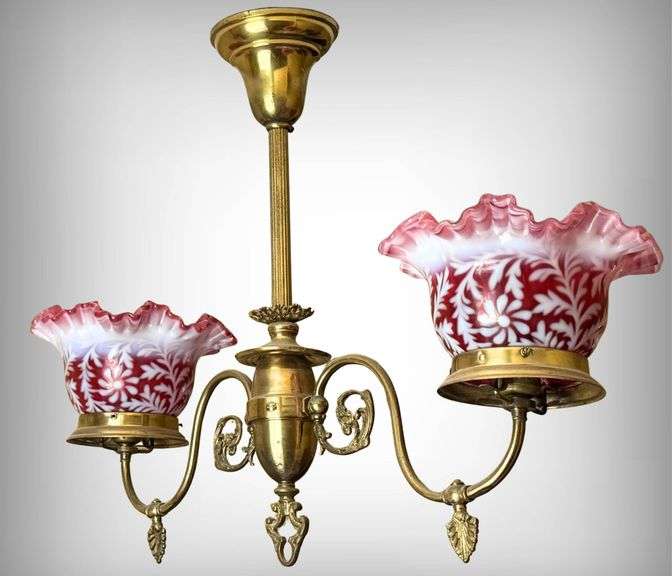 Stunning Antique Brass Two-Arm Gas Pendant Chandelier/ Fenton Cranberry Opalescent Daisy and Fern Gl