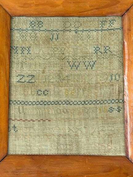 “1866” Framed Needlework Sampler on Burlap with  Antique Wooden Frame