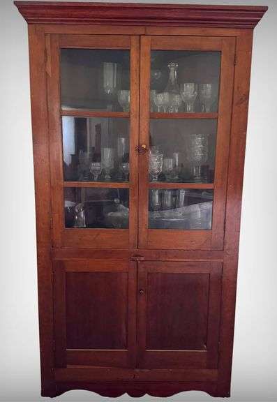 Handcrafted Wooden Corner Cupboard with Glass Paned Doors