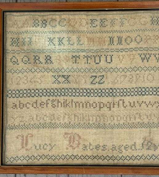 Antique Framed Needlepoint Sampler with Alphabet and Numbers