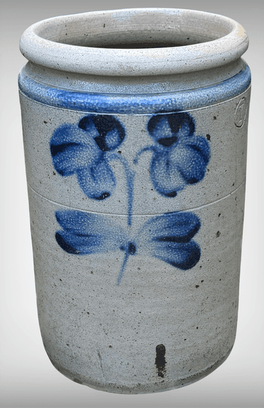 Beautiful 19th C Stoneware Double Clover Peter Herrmann Crock Cobalt Blue 10″