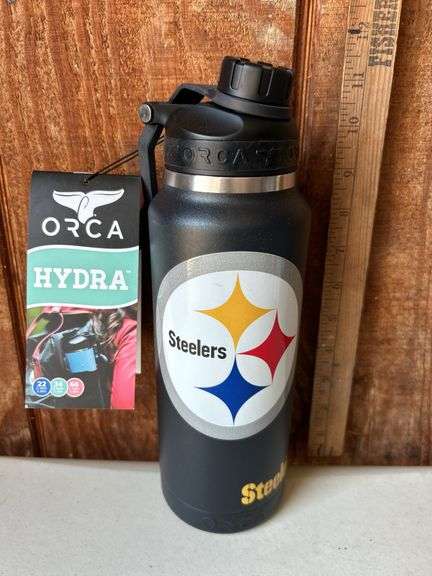 Orca Hydra 34 oz. Stainless Steel U.S.A. Made Tumbler Bottle Pittsburgh Steelers Large Logo