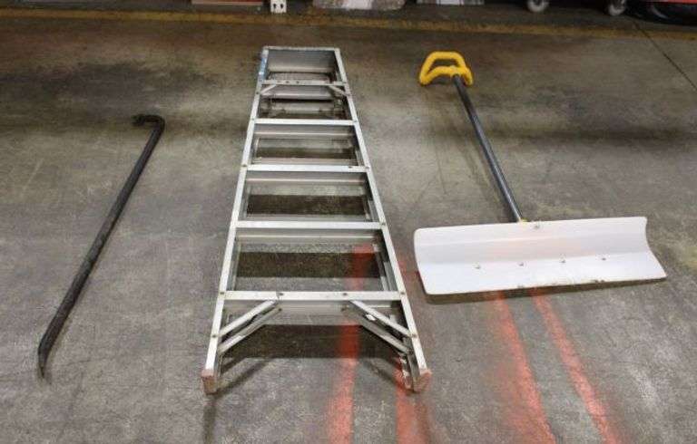 Aluminum Ladder, Metal Pry Bar, and Snow Shovel with Plastic Blade