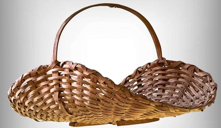Vintage Handwoven Split Wood Basket With Arched Handle
