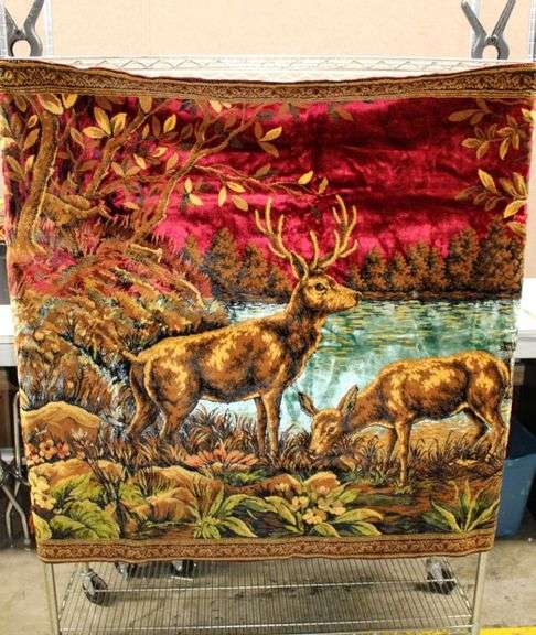 Rectangular Textile Wall Hanging With Deer and Landscape Motif