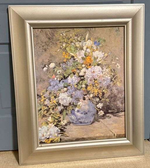 Beautiful Floral Still Life Oil Painting on Canvas in Silver-Tone Frame