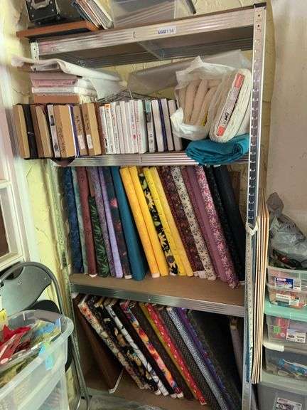 Metal Shelf & Lots of Fabric Rolls