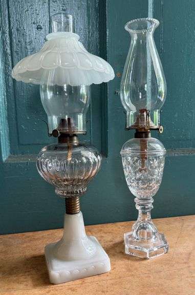 Glass Oil Lamps with Etched Details and Milk Glass Base