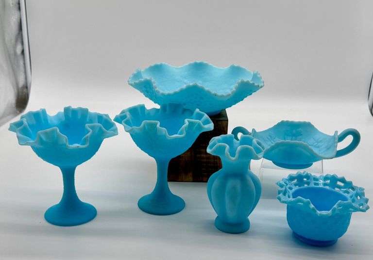 Large Fenton Lot of Blue Glass Vases and Bowls with Ruffled Edges