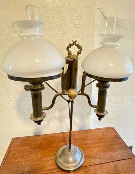 Dual Arm Brass Table Lamp with Frosted White Glass Shades
