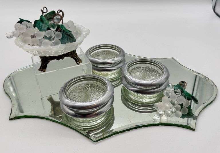 Vintage Glass Grapes with Silver Lined Coasters and a  Milk Glass Compote, and Mirrored Tray